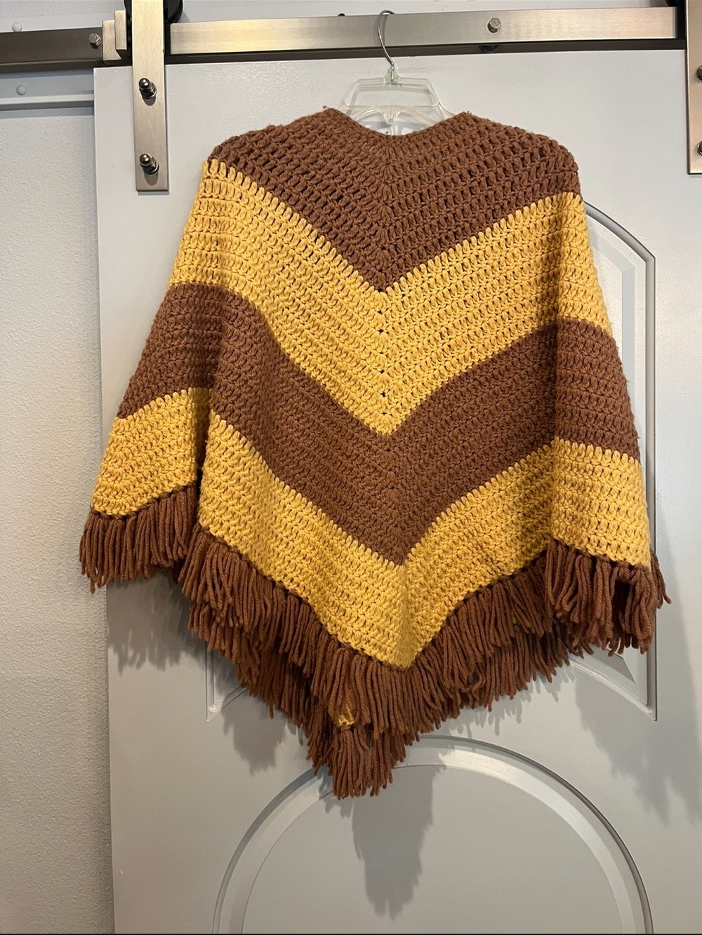 Vintage Brown & Mustard Chunky Crochet Fringe Poncho Sweater. So retro!